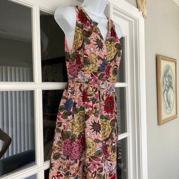 LOFT  Burgundy Coral Olive Green Floral Sleeveless V Neck Dress Small Petite - Picture 7 of 9